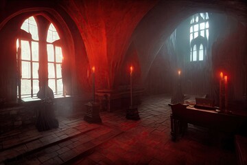 Gothic atmosphere inside of an ancient vampire castle hall for games as a background. Satanic rites and sacrifices lit by candle sticks in the Dracula castle interior. 3D illustration - obrazy, fototapety, plakaty