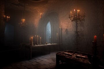 A look inside the terrifying Transylvanian vampire horror dungeon, where frightened victims are subjected to agonizing inquisition procedures. 3D illustration and Halloween themes. - obrazy, fototapety, plakaty