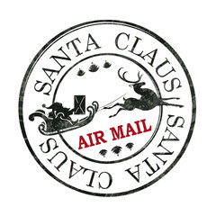 Isolated Christmas stamp with a silhouette of Santa Claus rushing in a sleigh on a reindeer, air mail.