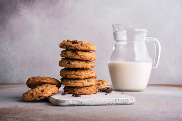 Chocolate chip cookies with milk for tasty break