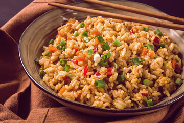 Fried Rice, with vegetables and egg, Chinese cuisine, homemade, no people,