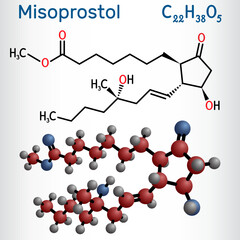 Misoprostol molecule. It is prostaglandin E1 analogue, used to treat stomach, duodenal ulcers, induce labor, cause an abortion. Structural chemical formula and molecule model
