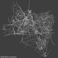 Detailed negative navigation white lines urban street roads map of the Street roads map of the CITY OF MOERS of the German regional capital area of Moers, Germany on dark gray background