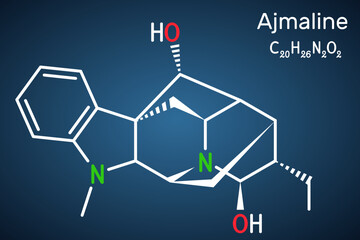 Ajmaline molecule. It is alkaloid, antiarrhythmic used to manage a variety of forms of tachycardias. Structural chemical formula on the dark blue background.