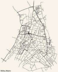 Fototapeta na wymiar Detailed navigation black lines urban street roads map of the MITTE QUARTER of the German regional capital city of Moers, Germany on vintage beige background