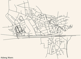 Fototapeta na wymiar Detailed navigation black lines urban street roads map of the ASBERG QUARTER of the German regional capital city of Moers, Germany on vintage beige background