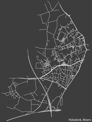 Detailed negative navigation white lines urban street roads map of the HÜLSDONK QUARTER of the German regional capital city of Moers, Germany on dark gray background