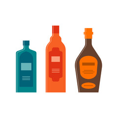 Set bottles of gin, balsam, brandy. Great design for any purposes. Icon bottle with cap and label. Flat style. Color form. Party drink concept. Simple image shape