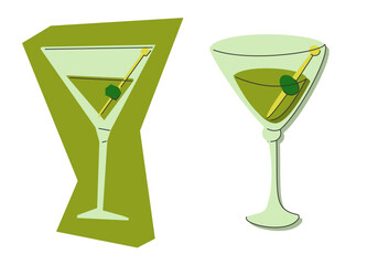 Martini glass with olive on white background. Cartoon sketch graphic design. Flat style. Colored hand drawn image. Party drink concept for restaurant, cafe. Freehand. Two kinds conditional image