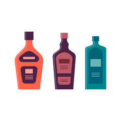 Set bottles of cream liquor gin. Icon bottle with cap and label. Great design for any purposes. Flat style. Color form. Party drink concept. Simple image shape