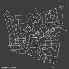 Detailed negative navigation white lines urban street roads map of the HOCHSTRASS QUARTER of the German regional capital city of Moers, Germany on dark gray background