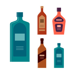 Set bottles of gin rum cream brandy gin. Icon bottle with cap and label. Graphic design for any purposes. Flat style. Color form. Party drink concept. Simple image shape
