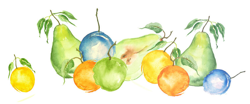 Watercolor painting, vintage art pattern - tropical fruits, citrus, slices of lemon, orange, mandarin, pear. apricot, peach, apple, plum, cherry plum. Splash of paint yellow, red and orange.