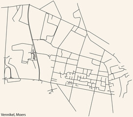 Detailed navigation black lines urban street roads map of the VENNIKEL QUARTER of the German regional capital city of Moers, Germany on vintage beige background