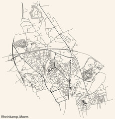 Detailed navigation black lines urban street roads map of the RHEINKAMP DISTRICT of the German regional capital city of Moers, Germany on vintage beige background
