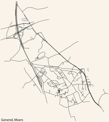 Detailed navigation black lines urban street roads map of the GENEND QUARTER of the German regional capital city of Moers, Germany on vintage beige background