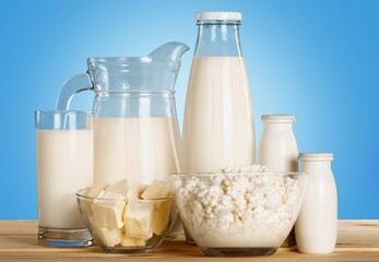 Tasty fresh dairy products and milk on the desk