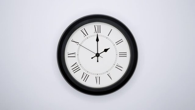 The Time On The Clock Two. White Wall Clock With Black Rim And Black Hands. 4k, ProRes