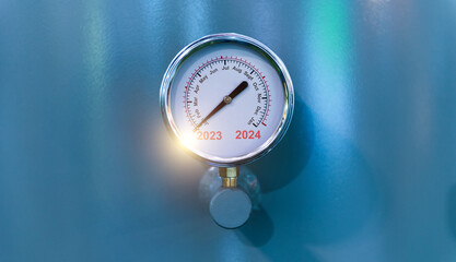 New year number 2023 and 2024 on pressure gauge measuring instrument