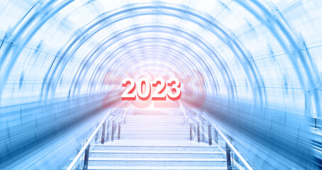 Zoom motion effect of empty tunnel with new year number 2023