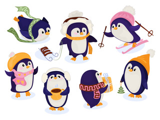 A collection depicting several cartoon penguins in hats and scarves frolicking against a snow-covered background. Winter set with penguins. 