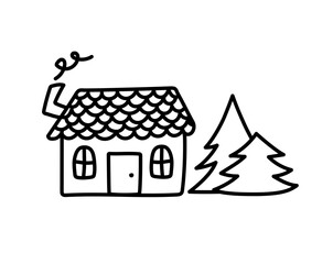 Nice little house in the woods. Children's drawing of a house in the mountains. Cozy atmosphere. Vector illustration in doodle style. Line art of the house