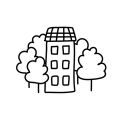 Small tiny house and trees. Paper cut style. Doodle design. A small high-rise building among the trees. Cute children's drawing of a house. Hand drawn trendy illustration