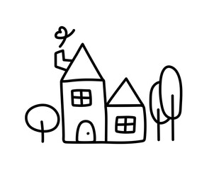 Modest house at village. Home building construction isolated concept. Black and white doodle style house. Сute house drawn by hand. Contour drawing of the house in the forest