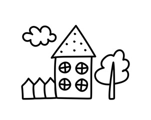 Cute house in the forest. House and trees in children's style. Outline perspective of exterior house. Vector typography for home decor, kids rooms, pillows, mugs, cups, posters