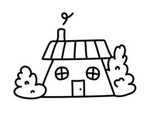 Nice little house with bushes. Children's drawing. Vector illustration in doodle style