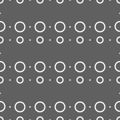 Vector illustration. Geometric seamless pattern. Solid dots and linear circles in rows. Spotted grey, black and white background. Simple monochrome abstract pattern.