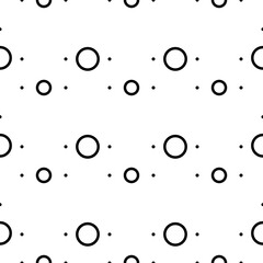 Vector illustration. Geometric seamless pattern. Solid dots and linear circles in rows. Spotted grey, black and white background. Simple monochrome abstract pattern.