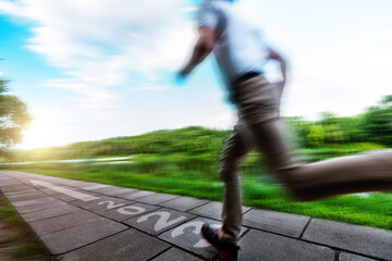 Young man jogging park with new year number 2023 and arrow on the ground