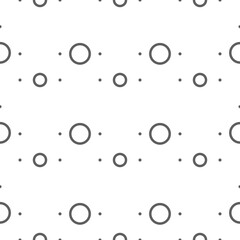 Vector illustration. Geometric seamless pattern. Solid dots and linear circles in rows. Spotted grey, black and white background. Simple monochrome abstract pattern.
