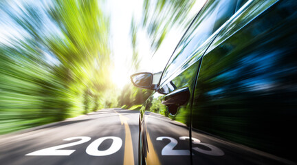 Car in motion blur driving to forest with new year number 2023  and arrow sign on the road