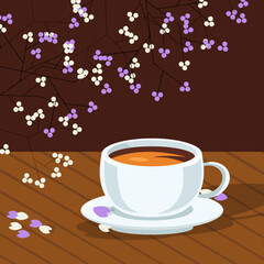 A cup of coffee on the table with small flowers on dark brown background in flat style