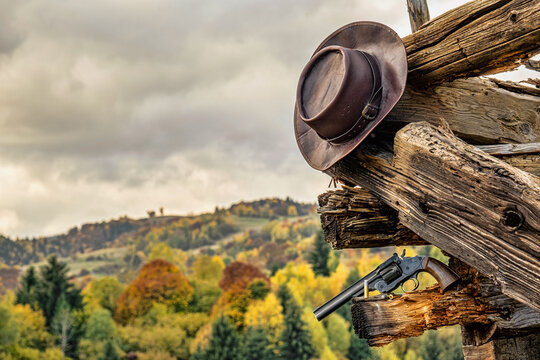 cowboy hat, airsoft gun on an abandoned cabin with a autumn background.