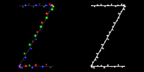 Letter Z made of electric garland with colored lights on black background with clipping mask, 3d rendering