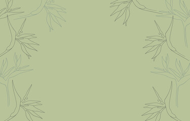Strelitzia frame on green background. Flower border line art vector. Wedding flower frame. Tropical flower