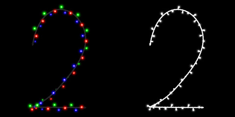 Number 2 made of electric garland with colored lights on black background with clipping mask, 3d rendering