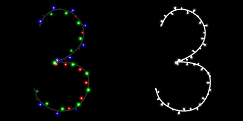 Number 3 made of electric garland with colored lights on black background with clipping mask, 3d rendering