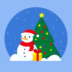 Snowman with a gift and a decorated Christmas tree on a snowy background. Vector illustration for Christmas card, poster, design, gift tags and labels. Winter festive background