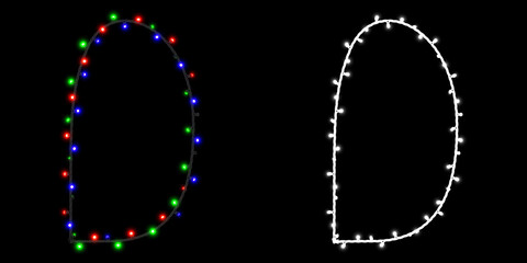 Letter D made of electric garland with colored lights on black background with clipping mask, 3d rendering