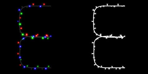 Letter E made of electric garland with colored lights on black background with clipping mask, 3d rendering