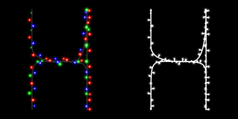 Letter H made of electric garland with colored lights on black background with clipping mask, 3d rendering
