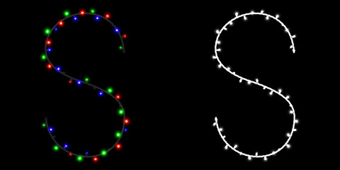 Letter S made of electric garland with colored lights on black background with clipping mask, 3d rendering