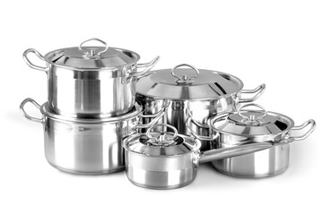 Stainless steel pots and pans - obrazy, fototapety, plakaty