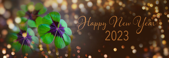  Happy New Year 2023 - New year congratulations 	- Lucky clover leaves with magical bokeh lights...