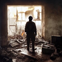 Soldier standing in ruined home. Rear view. 3d render illustration.