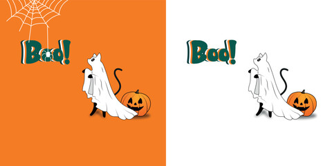 Vector Halloween Ghost Cat Illustration, Boo player ghost cat and spider. Illustration of isolated background cat and witches lady, Typography poster with pumpkin and autumn leaves for greeting card, 